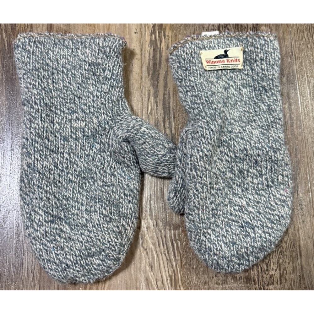 Winona Knits Wool Cotton Gray Mittens Winter Gloves Made In Minnesota USA Large